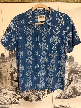 Kardo Men's Indigo Short-Sleeve Button-Up with White Geometric Print